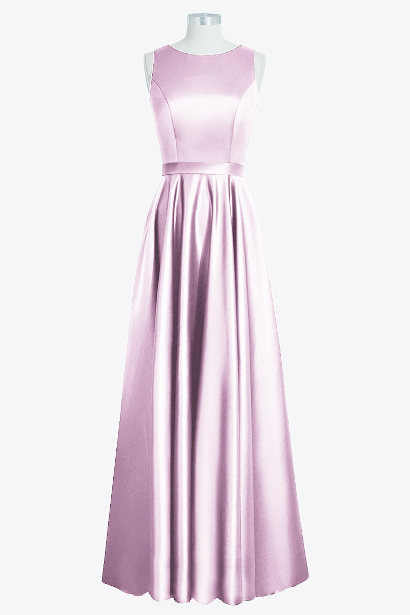 Satin Column Boat Neck Sleeveless Bridesmaid Dress-B14097
