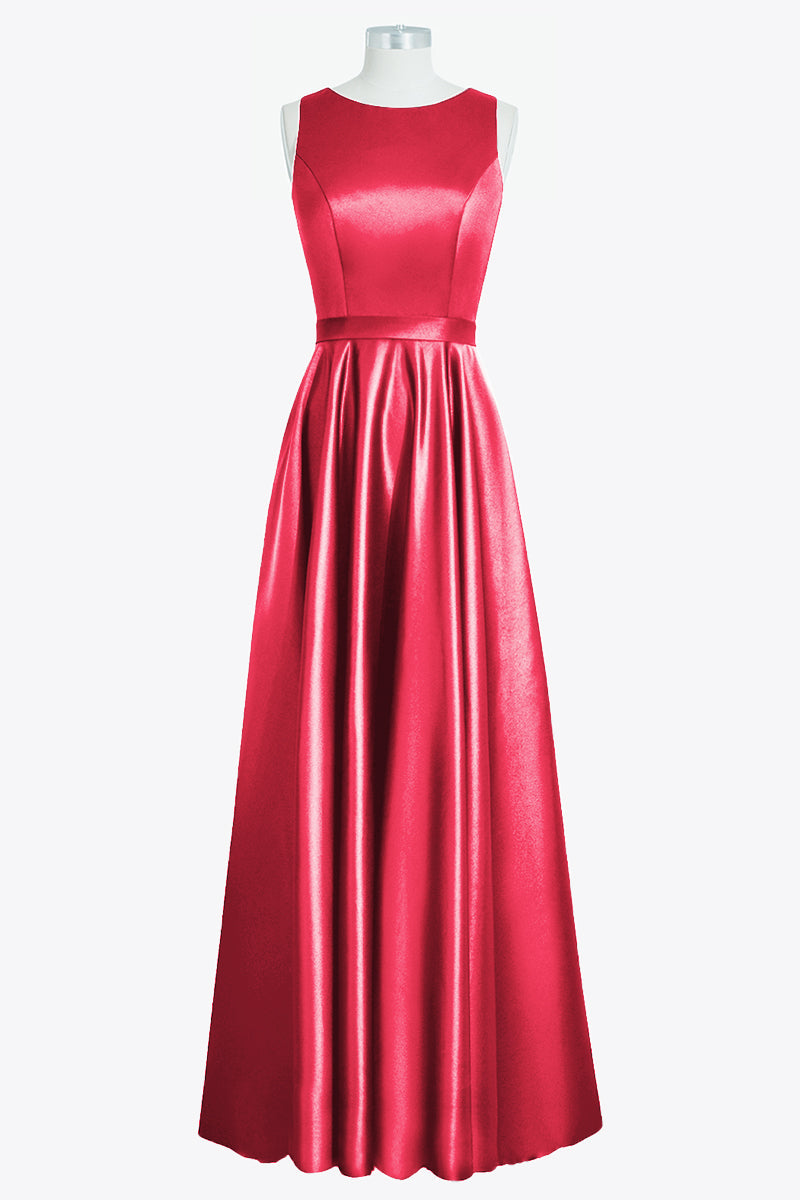 Satin Column Boat Neck Sleeveless Bridesmaid Dress-B14097