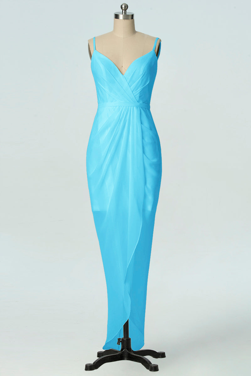 Chiffon Column V-Neck Sleeveless Bridesmaid Dress-B19001