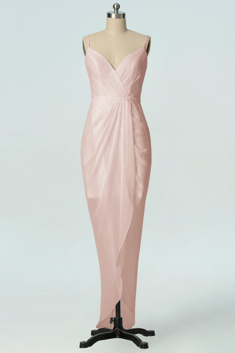 Chiffon Column V-Neck Sleeveless Bridesmaid Dress-B19001