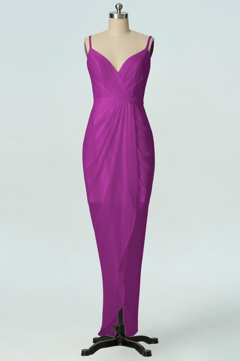 Chiffon Column V-Neck Sleeveless Bridesmaid Dress-B19001