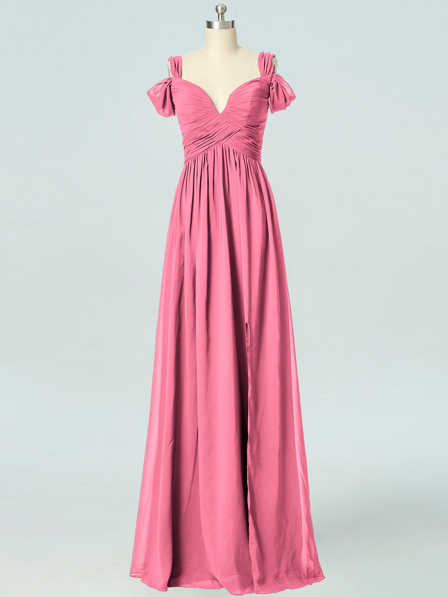 Chiffon Column Off the Shoulder Sleeveless Bridesmaid Dress-B19040