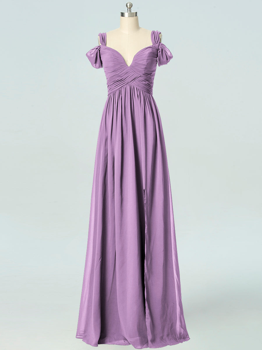 Chiffon Column Off the Shoulder Sleeveless Bridesmaid Dress-B19040