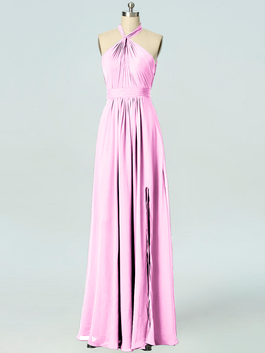 Chiffon Column Halter Sleeveless Bridesmaid Dress-B19047