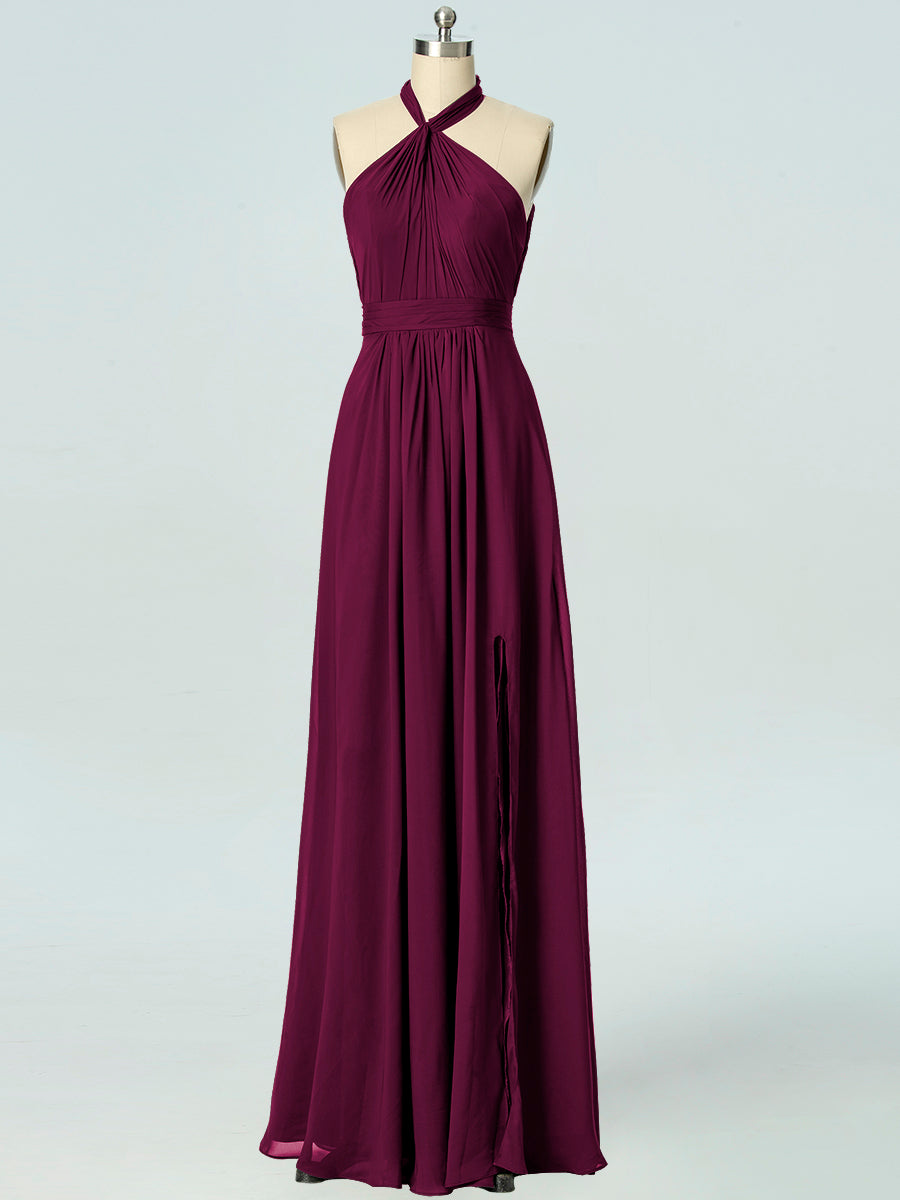 Chiffon Column Halter Sleeveless Bridesmaid Dress-B19047