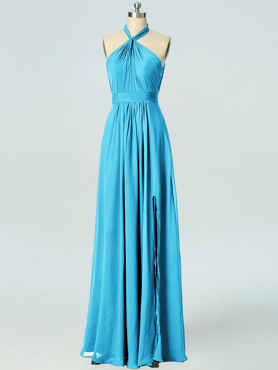 Chiffon Column Halter Sleeveless Bridesmaid Dress-B19047