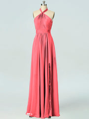 Chiffon Column Halter Sleeveless Bridesmaid Dress-B19047