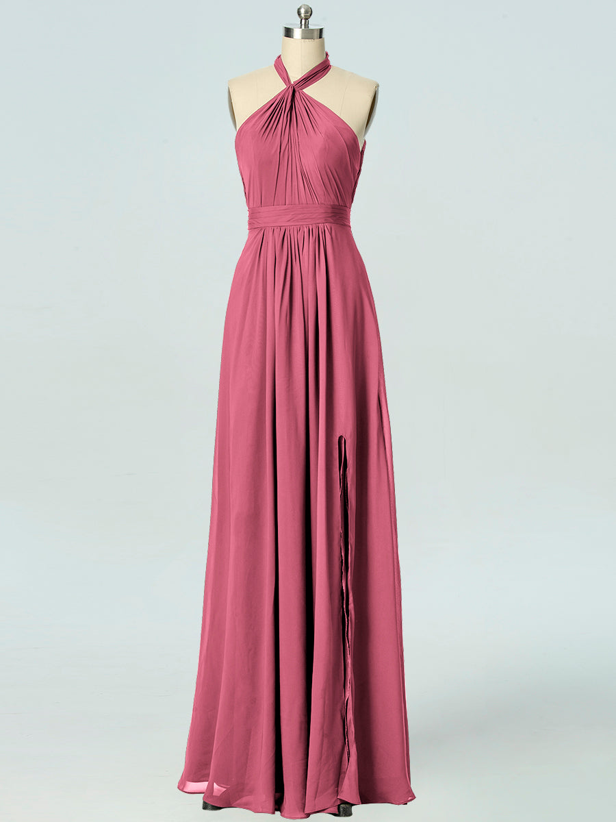 Chiffon Column Halter Sleeveless Bridesmaid Dress-B19047