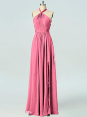Chiffon Column Halter Sleeveless Bridesmaid Dress-B19047