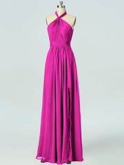 Chiffon Column Halter Sleeveless Bridesmaid Dress-B19047