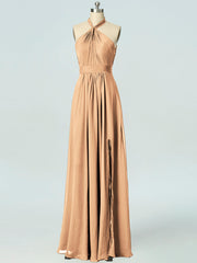 Chiffon Column Halter Sleeveless Bridesmaid Dress-B19047