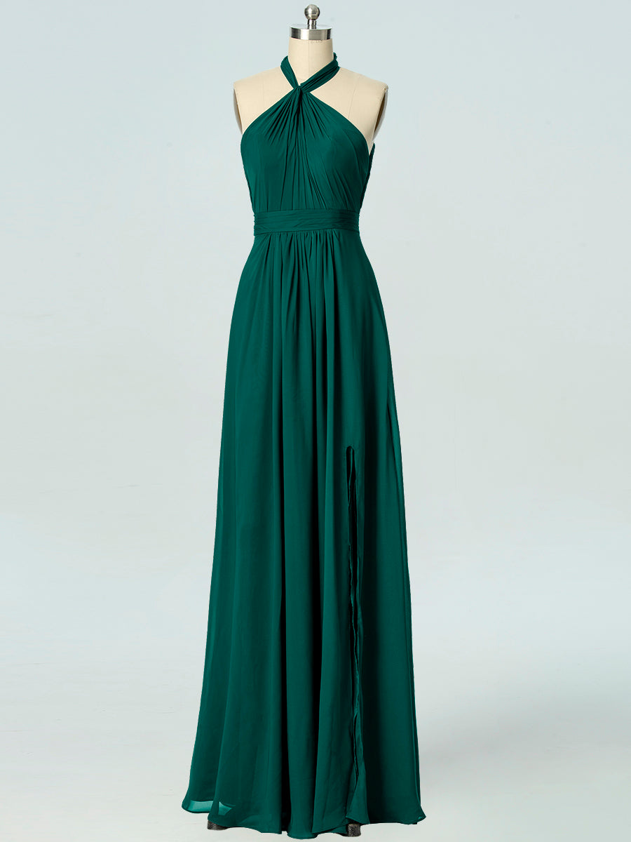 Chiffon Column Halter Sleeveless Bridesmaid Dress-B19047