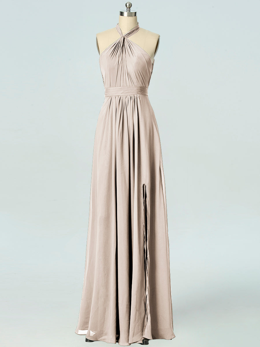 Chiffon Column Halter Sleeveless Bridesmaid Dress-B19047