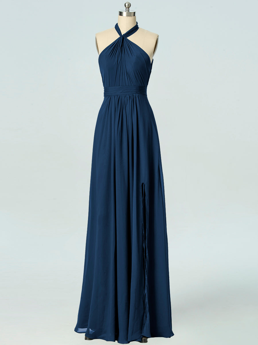 Chiffon Column Halter Sleeveless Bridesmaid Dress-B19047