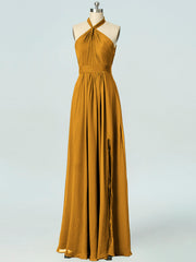 Chiffon Column Halter Sleeveless Bridesmaid Dress-B19047