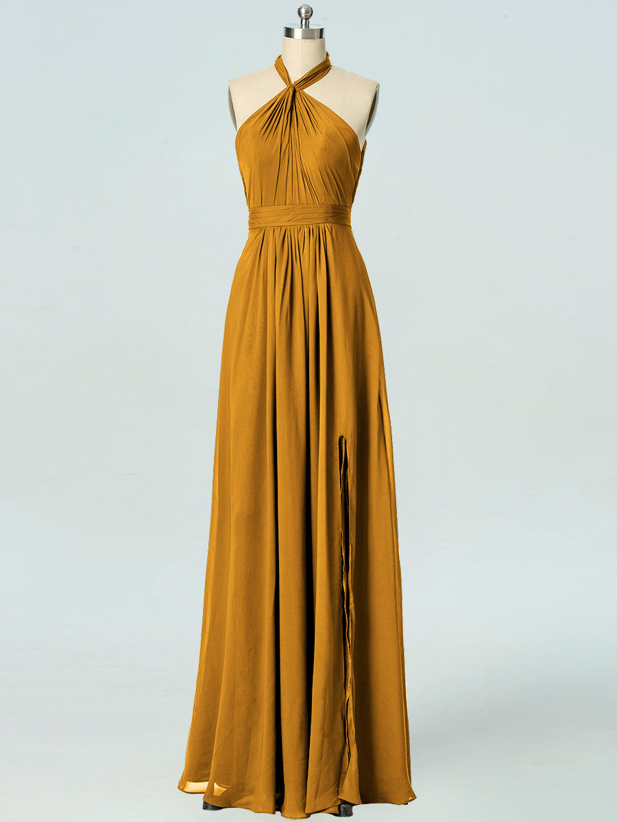 Chiffon Column Halter Sleeveless Bridesmaid Dress-B19047