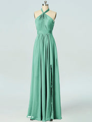 Chiffon Column Halter Sleeveless Bridesmaid Dress-B19047