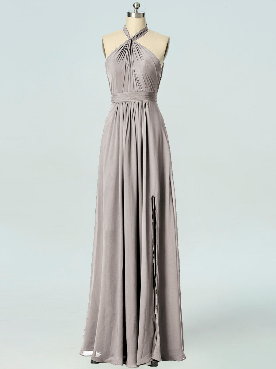 Chiffon Column Halter Sleeveless Bridesmaid Dress-B19047