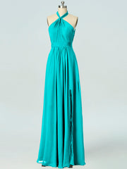 Chiffon Column Halter Sleeveless Bridesmaid Dress-B19047