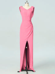 Chiffon Column V-Neck Sleeveless Bridesmaid Dress-B19054