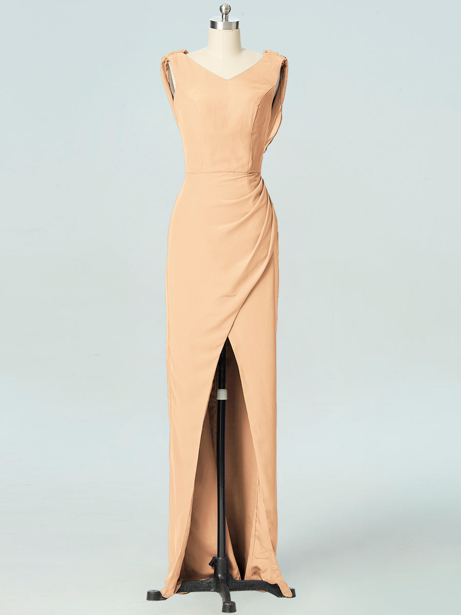 Chiffon Column V-Neck Sleeveless Bridesmaid Dress-B19054