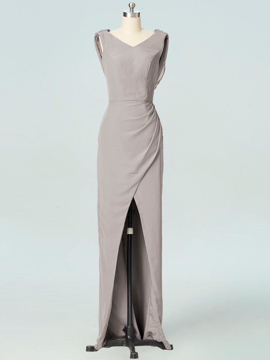 Chiffon Column V-Neck Sleeveless Bridesmaid Dress-B19054