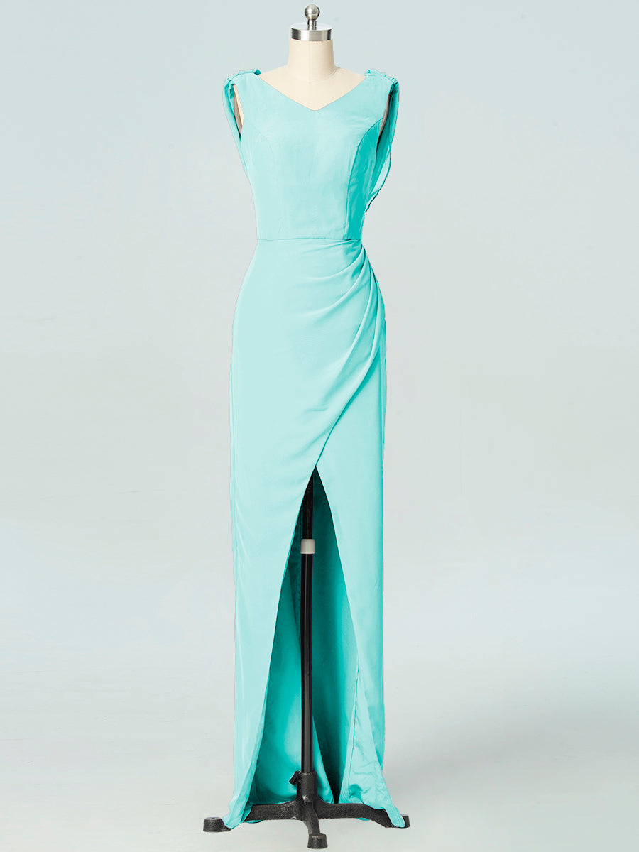 Chiffon Column V-Neck Sleeveless Bridesmaid Dress-B19054