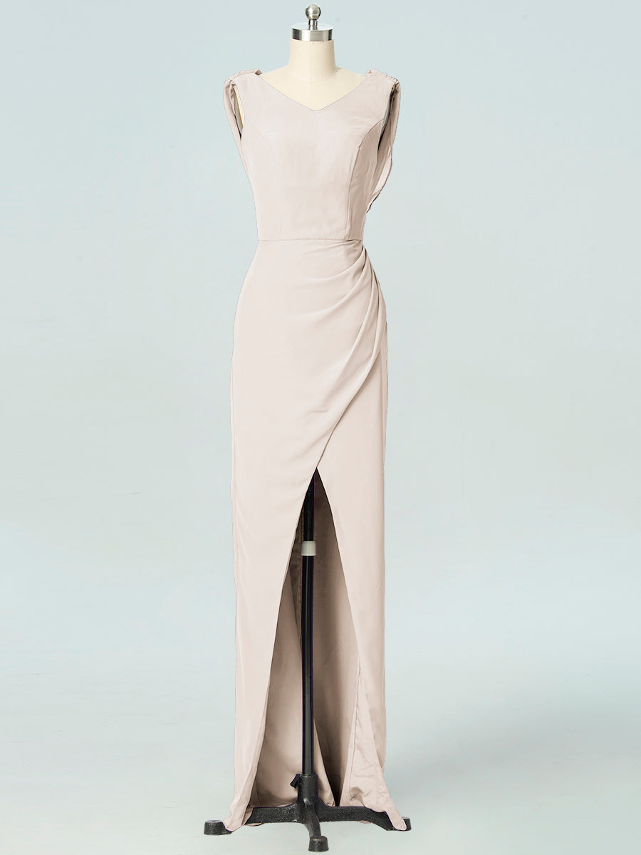 Chiffon Column V-Neck Sleeveless Bridesmaid Dress-B19054