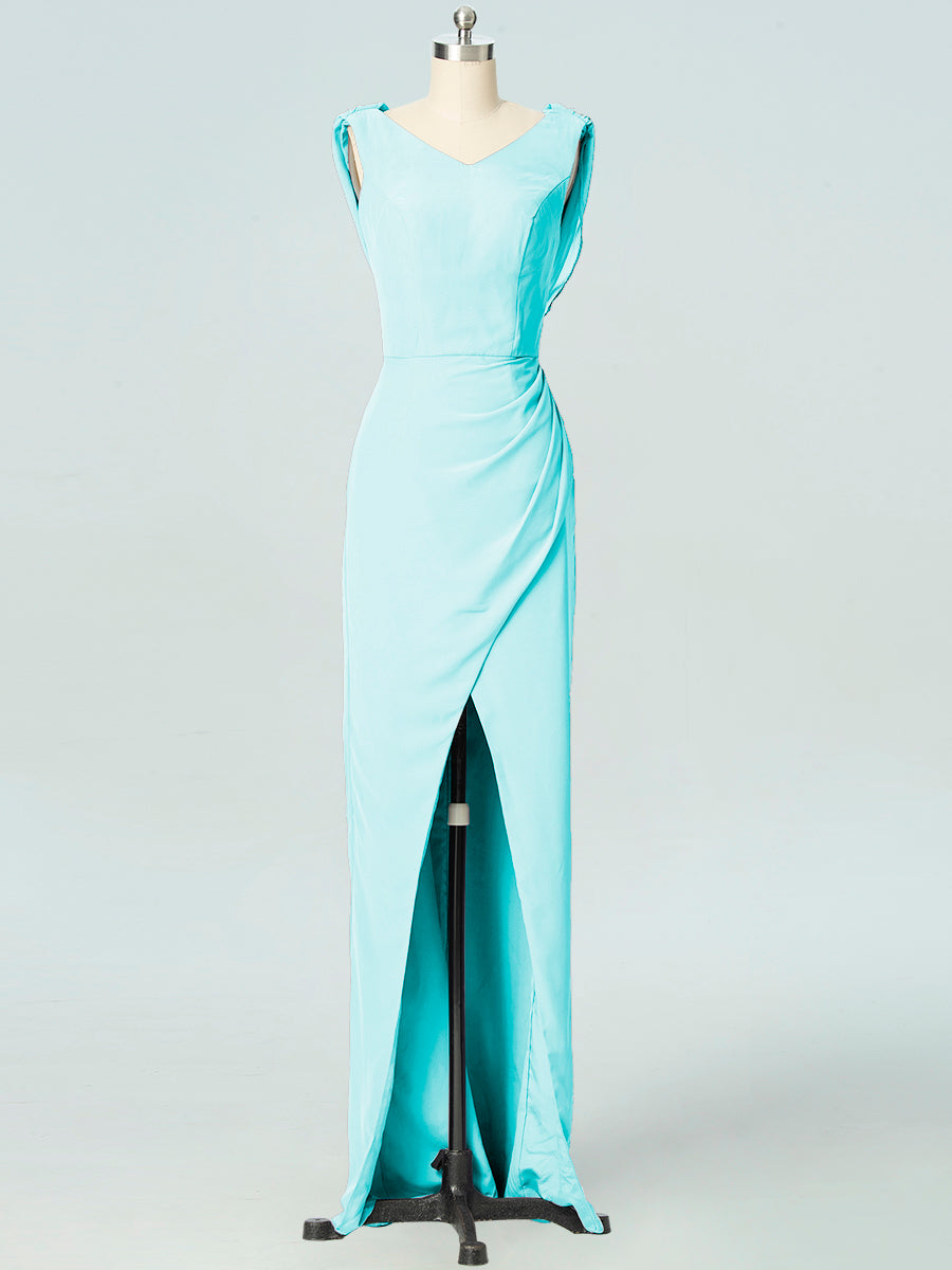 Chiffon Column V-Neck Sleeveless Bridesmaid Dress-B19054