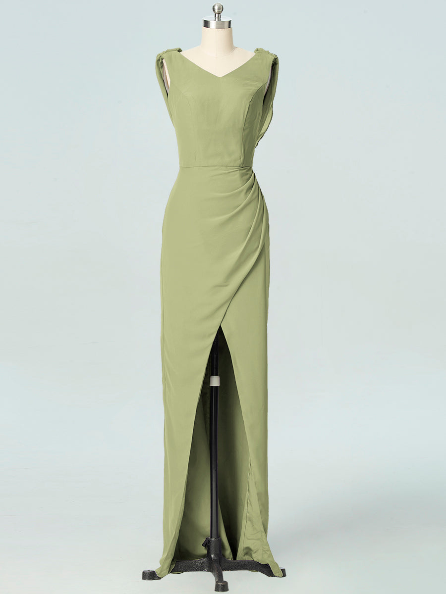 Chiffon Column V-Neck Sleeveless Bridesmaid Dress-B19054