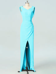 Chiffon Column V-Neck Sleeveless Bridesmaid Dress-B19054