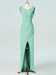 Chiffon Column V-Neck Sleeveless Bridesmaid Dress-B19054