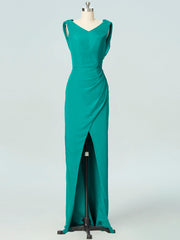 Chiffon Column V-Neck Sleeveless Bridesmaid Dress-B19054