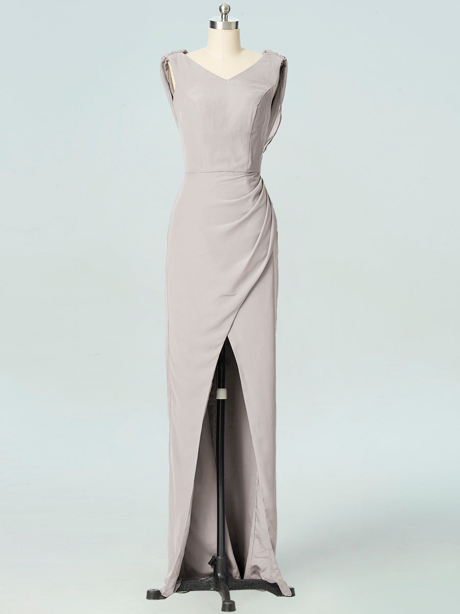 Chiffon Column V-Neck Sleeveless Bridesmaid Dress-B19054
