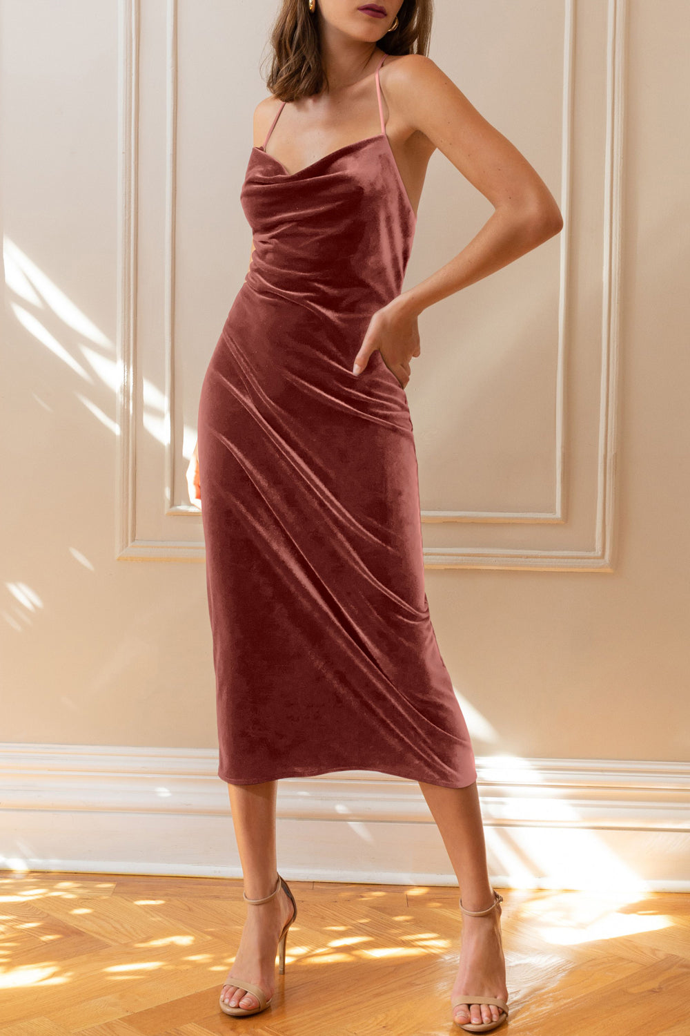 velvet cowl neck spaghetti strap bridesmaid dress Velvet A-Line Cowl Neck Sleeveless Bridesmaid Dress-B19347