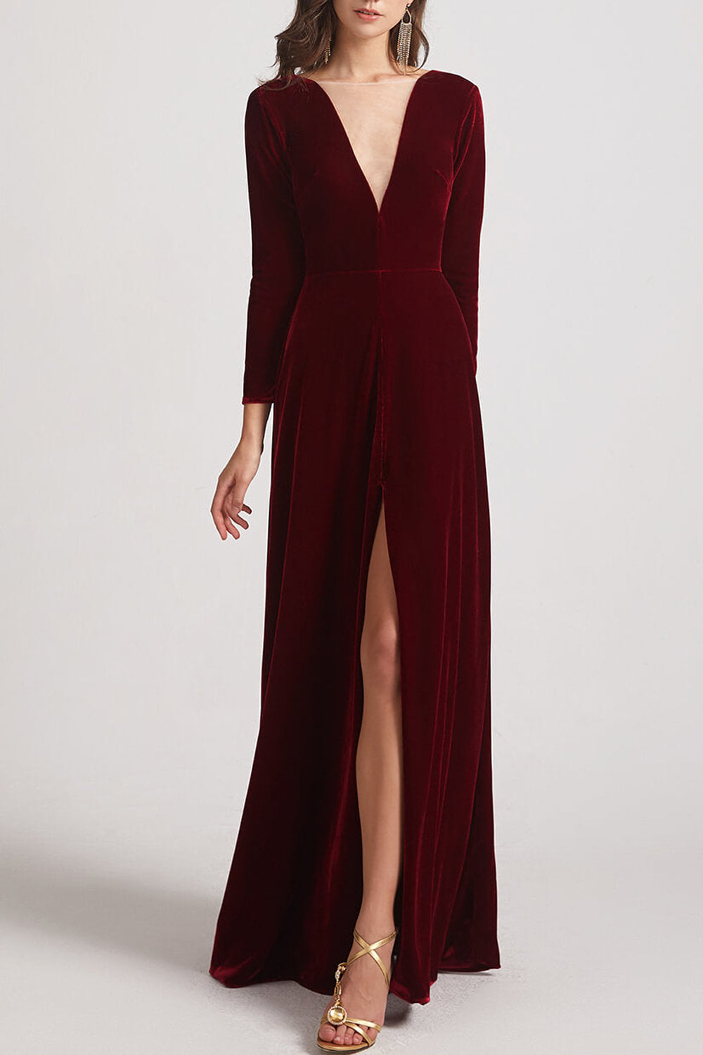 Velvet V-Neck Long Sleeves Bridesmaid Dress| Plus Size