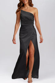 Stretch Satin Column One Shoulder Sleeveless Bridesmaid Dress-B19800