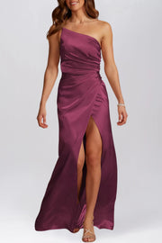 Stretch Satin Column One Shoulder Sleeveless Bridesmaid Dress-B19800