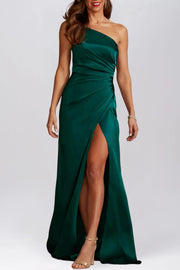 Stretch Satin Column One Shoulder Sleeveless Bridesmaid Dress-B19800