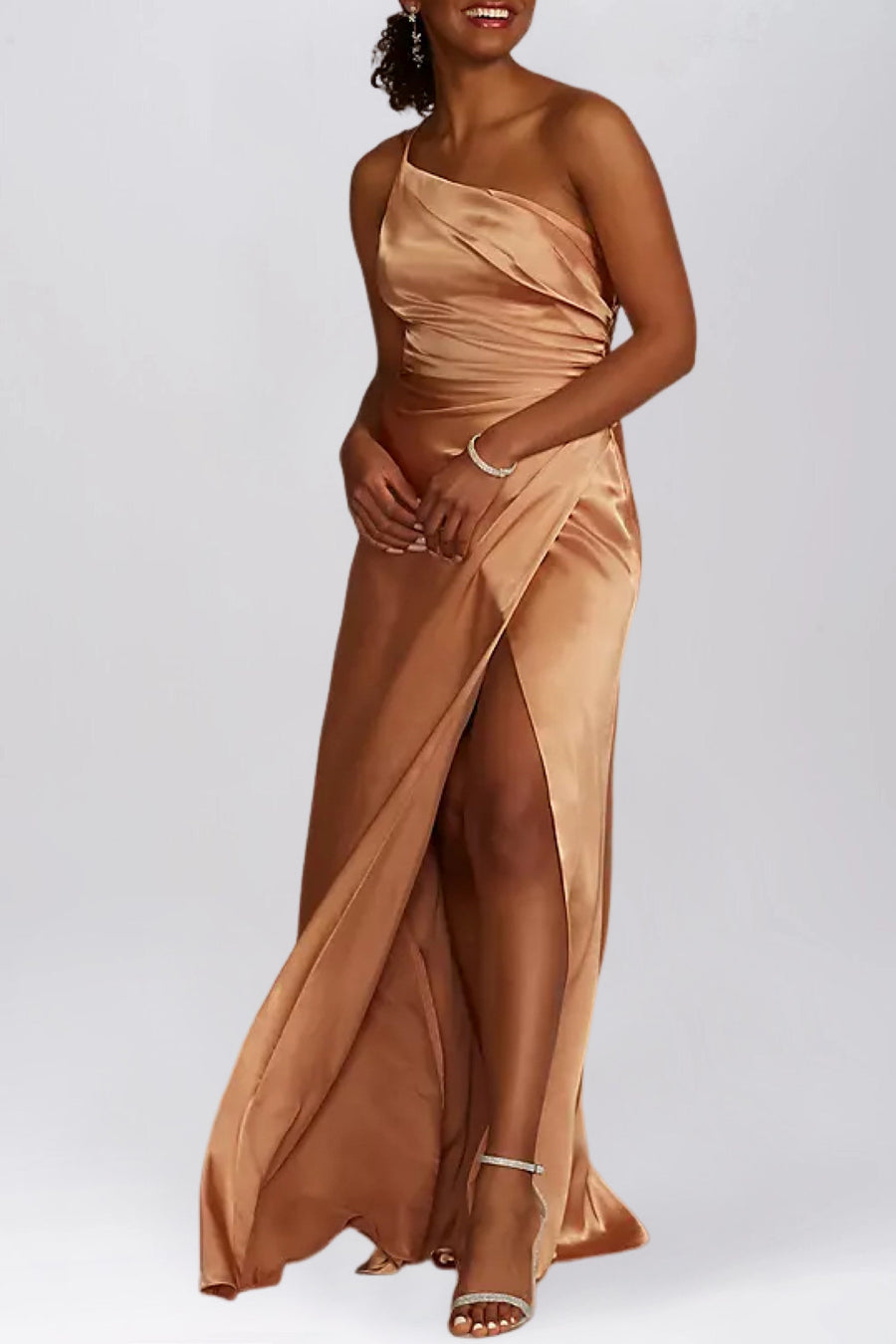 Stretch Satin Column One Shoulder Sleeveless Bridesmaid Dress-B19800