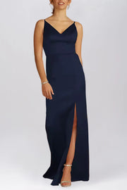 Stretch Satin Column V-Neck Sleeveless Bridesmaid Dress-B19801