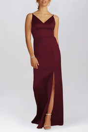 Stretch Satin Column V-Neck Sleeveless Bridesmaid Dress-B19801