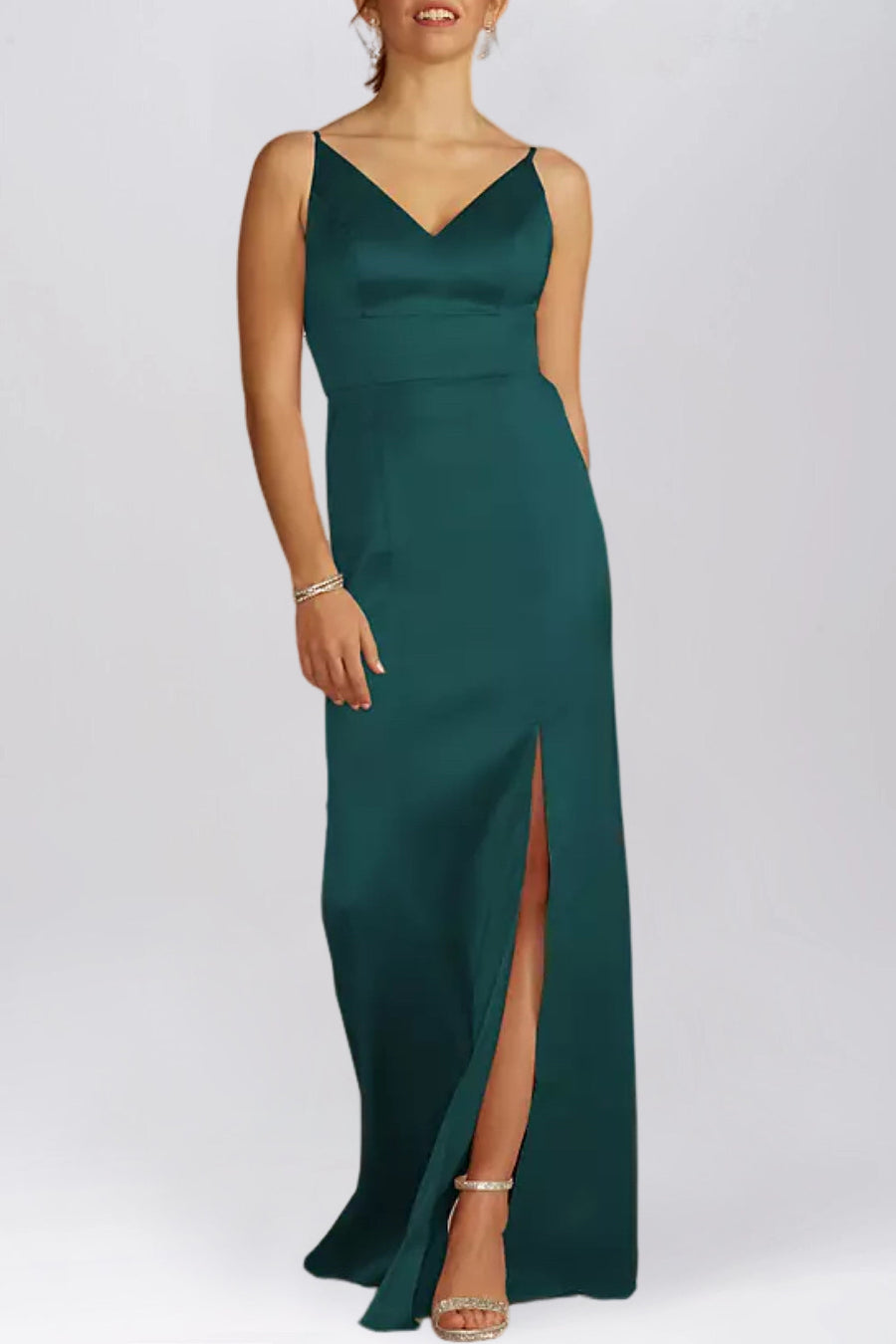 Stretch Satin Column V-Neck Sleeveless Bridesmaid Dress-B19801
