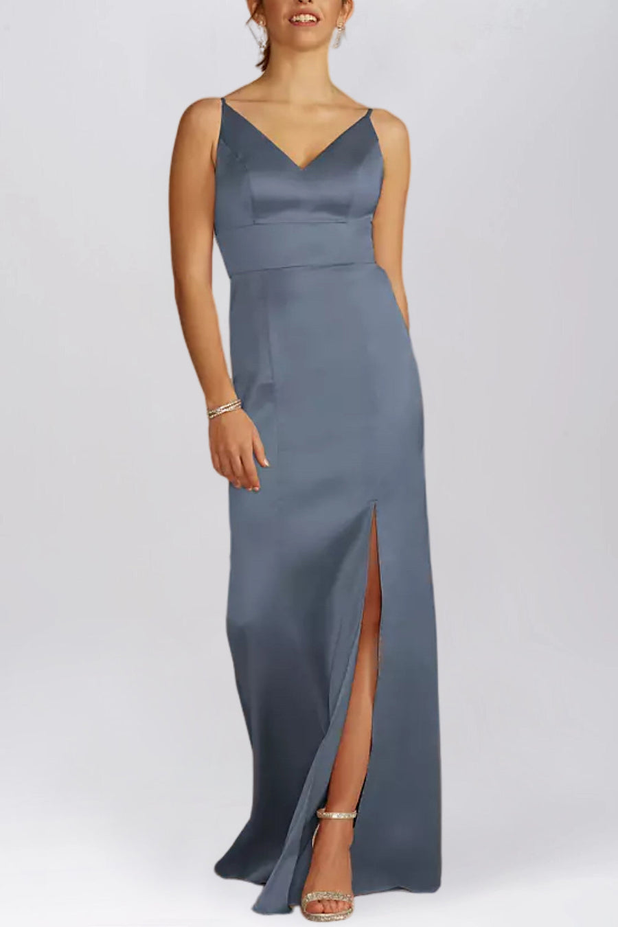 Stretch Satin Column V-Neck Sleeveless Bridesmaid Dress-B19801