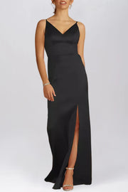 Stretch Satin Column V-Neck Sleeveless Bridesmaid Dress-B19801