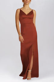 Stretch Satin Column V-Neck Sleeveless Bridesmaid Dress-B19801