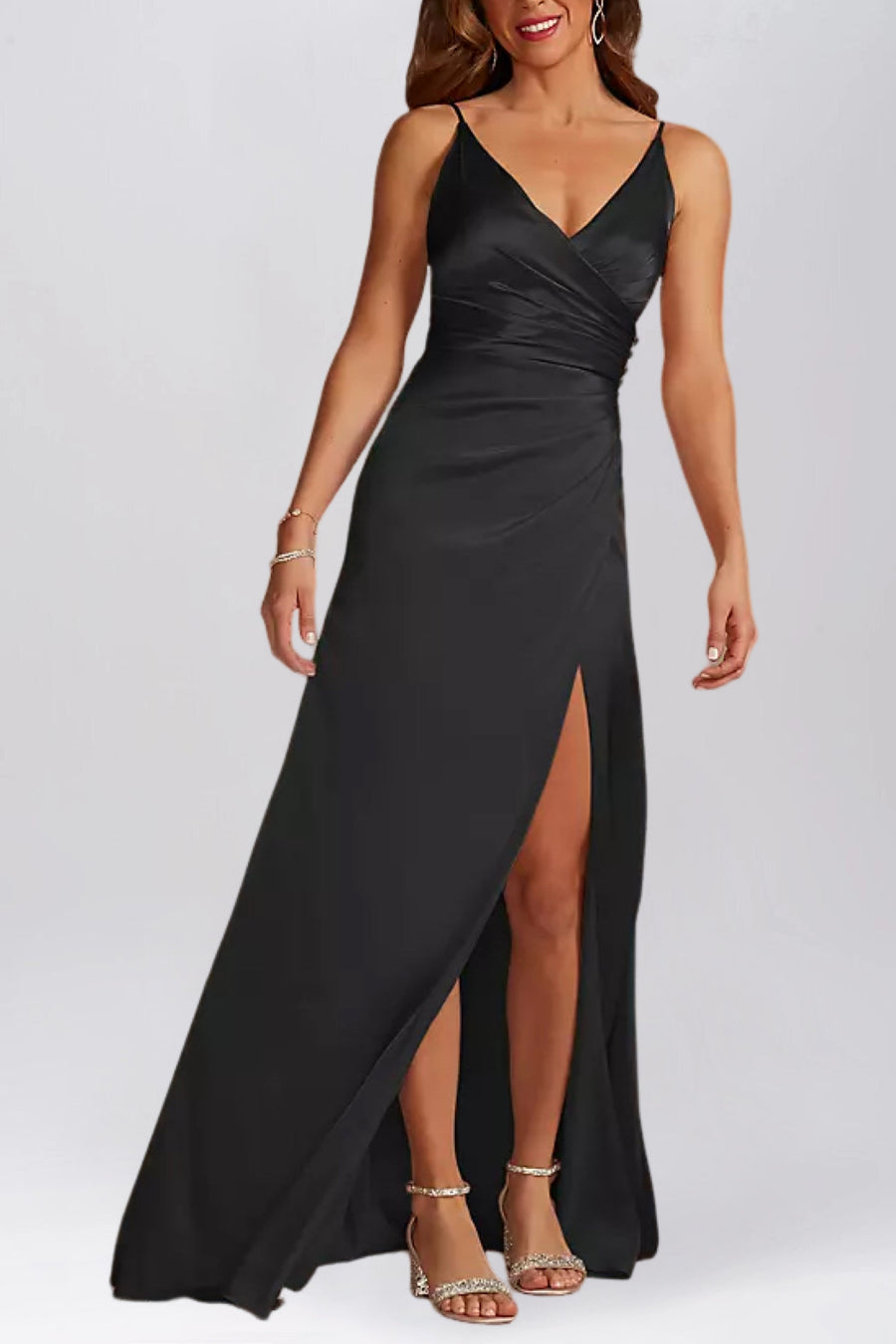 Stretch Satin Column V-Neck Sleeveless Bridesmaid Dress-B19802