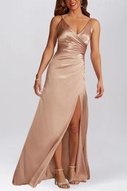 Stretch Satin Column V-Neck Sleeveless Bridesmaid Dress-B19802