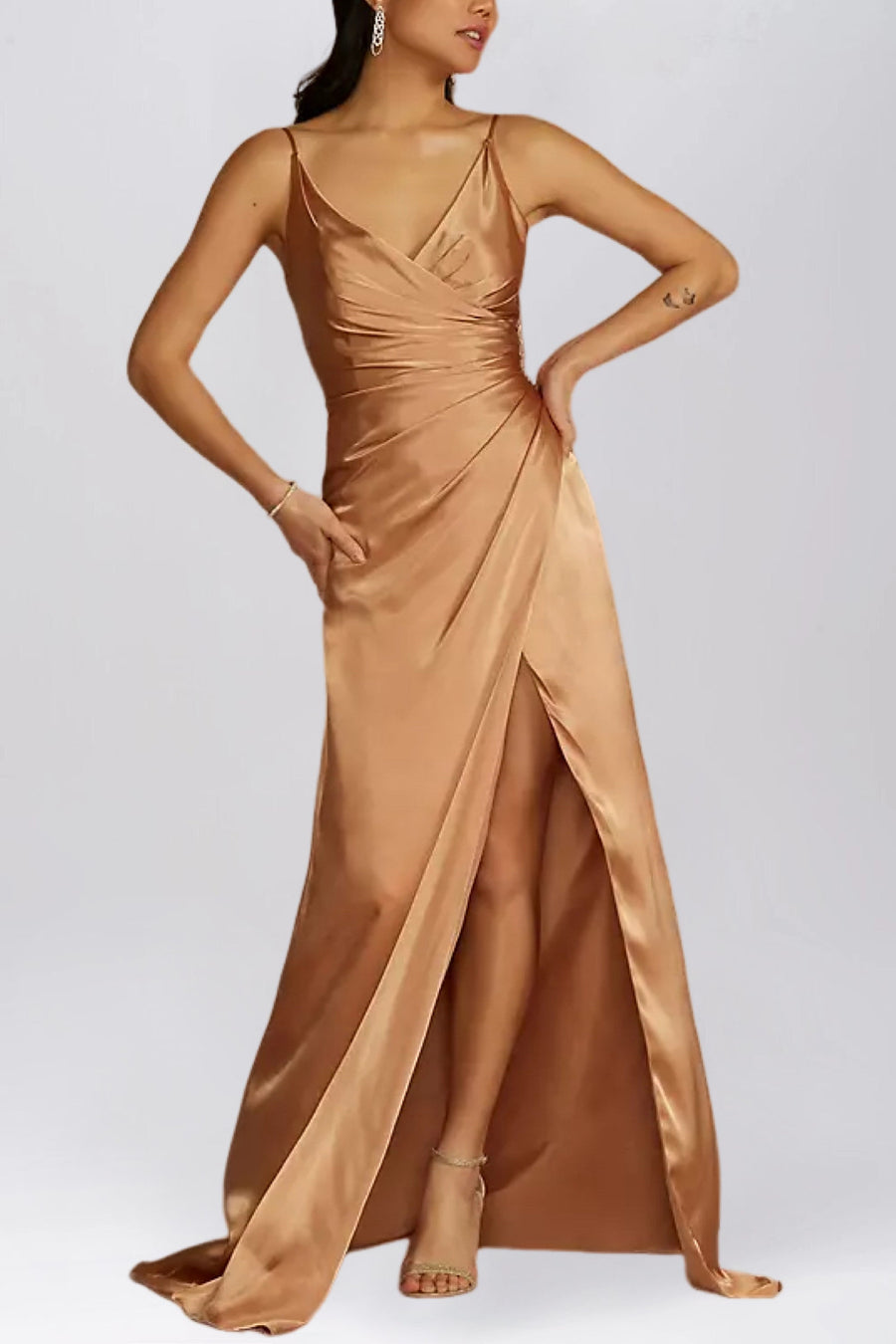 Stretch Satin Column V-Neck Sleeveless Bridesmaid Dress-B19802