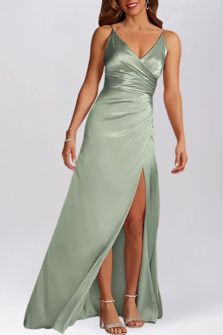 Stretch Satin Column V-Neck Sleeveless Bridesmaid Dress-B19802